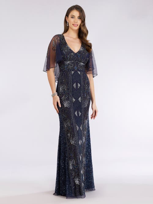 Shop Lara New York Cape Sleeve Beaded Gown In Navy