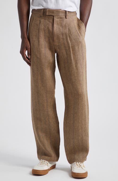 Noah Double Pleat Linen Herringbone Trousers In Brown