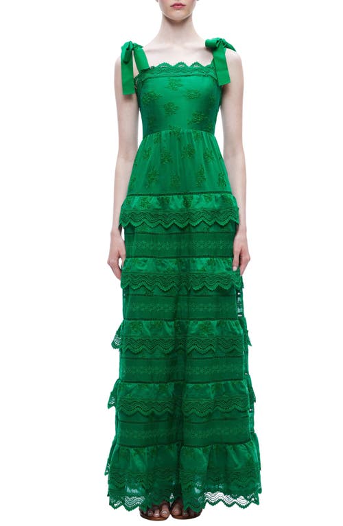 Alice + Olivia Vega Floral Embroidered Tiered A-Line Dress in Emerald