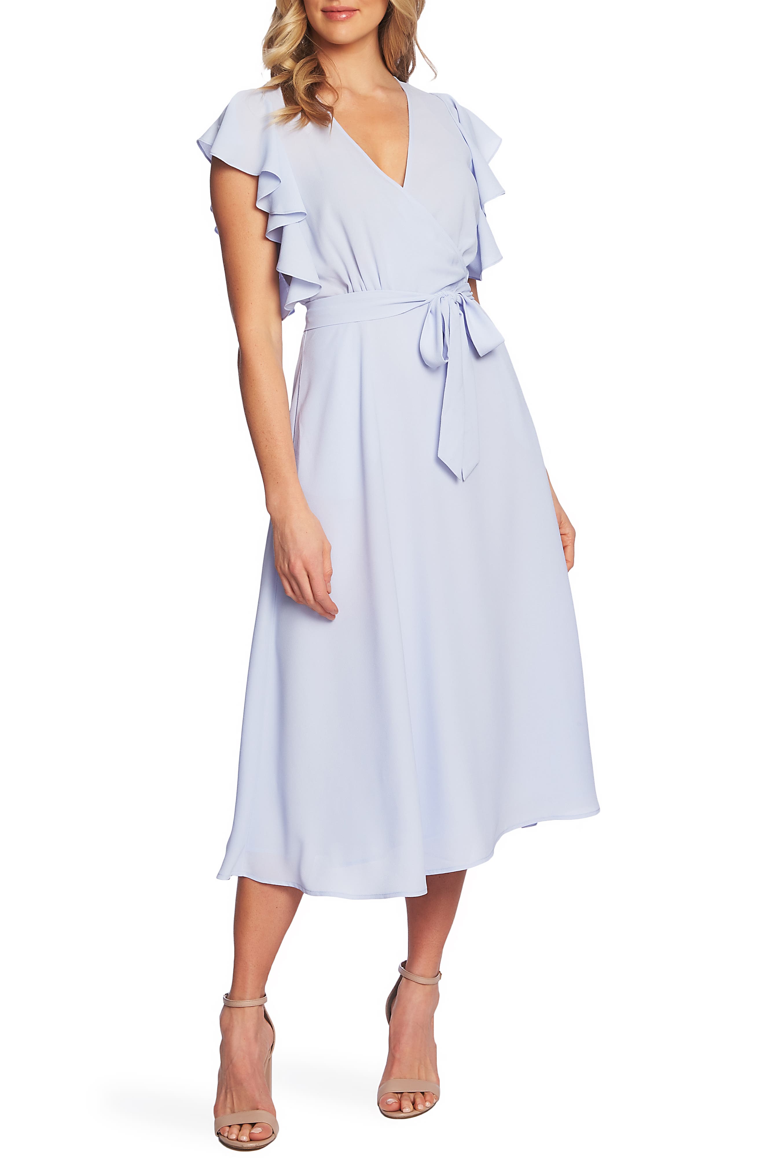 1.state Ruffle Detail Wrap Midi Dress, Blue