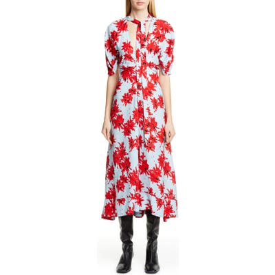 Proenza Schouler Floral Tie Neck Georgette Midi Dress, Blue