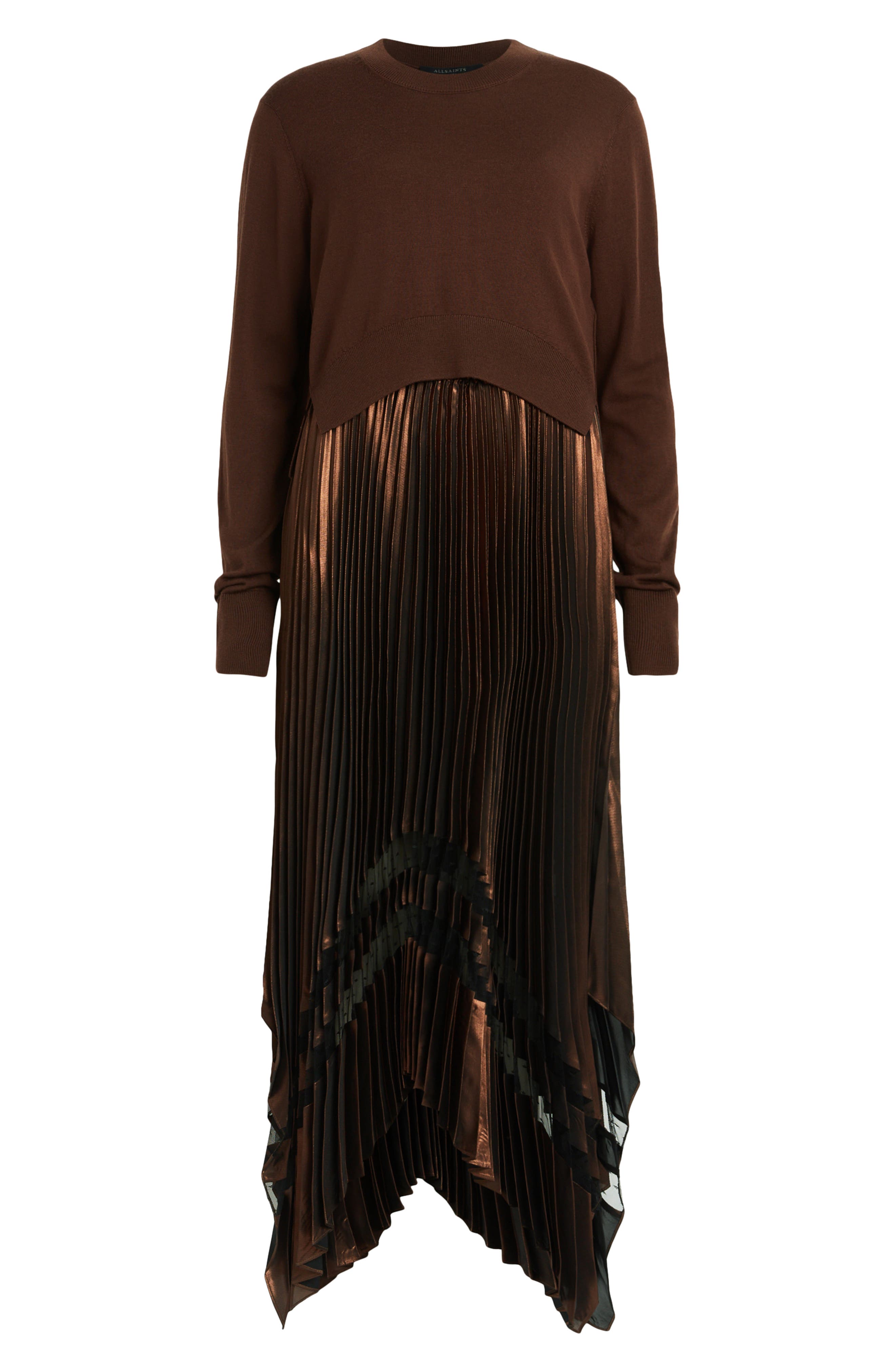 AllSaints Nadia Two-Piece Metallic Dress & Merino Wool Sweater in Pale Cacao/Black | Smart Closet AllSaints Nadia Two-Piece Metallic Dress & Merino Wool Sweater in Pale Cacao/Black | Smart Closet