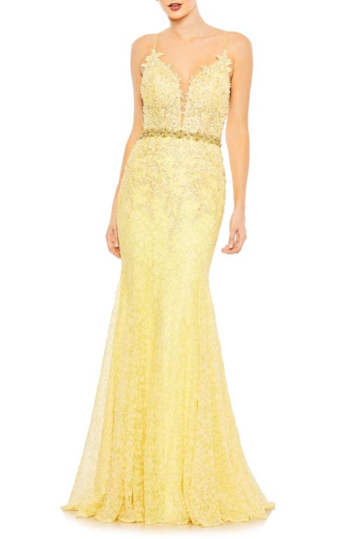 Mac Duggal Floral Appliqué Plunge Mermaid Gown Lemon at Nordstrom,