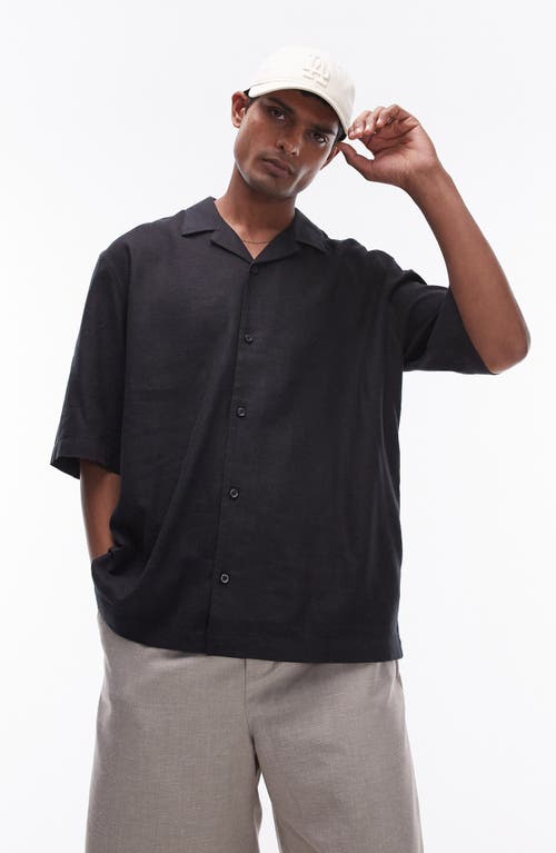 Topman Boxy Linen Blend Camp Shirt Black at Nordstrom,