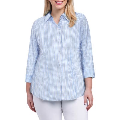 Plus Size Foxcroft Sue Crinkle Mixed Gingham Shirt, Blue