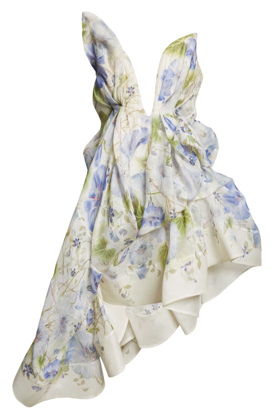 Shop Zimmermann Natura Floral Asymmetric Strapless Linen & Silk Dress In Cream/ Blue Floral
