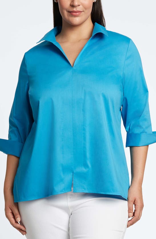 Shop Foxcroft Agnes Three-quarter Sleeve Cotton Blend Popover Top In True Blue