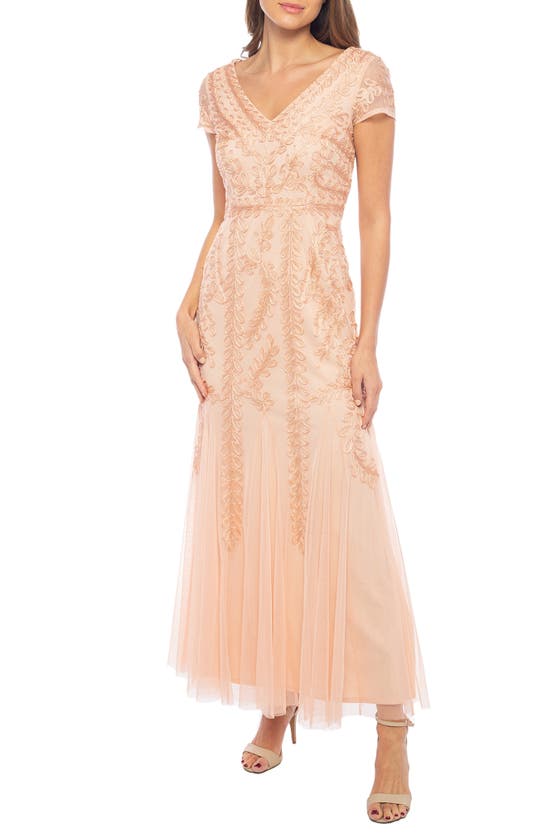 Shop Marina Beaded Cap Sleeve Tulle Gown In Blush