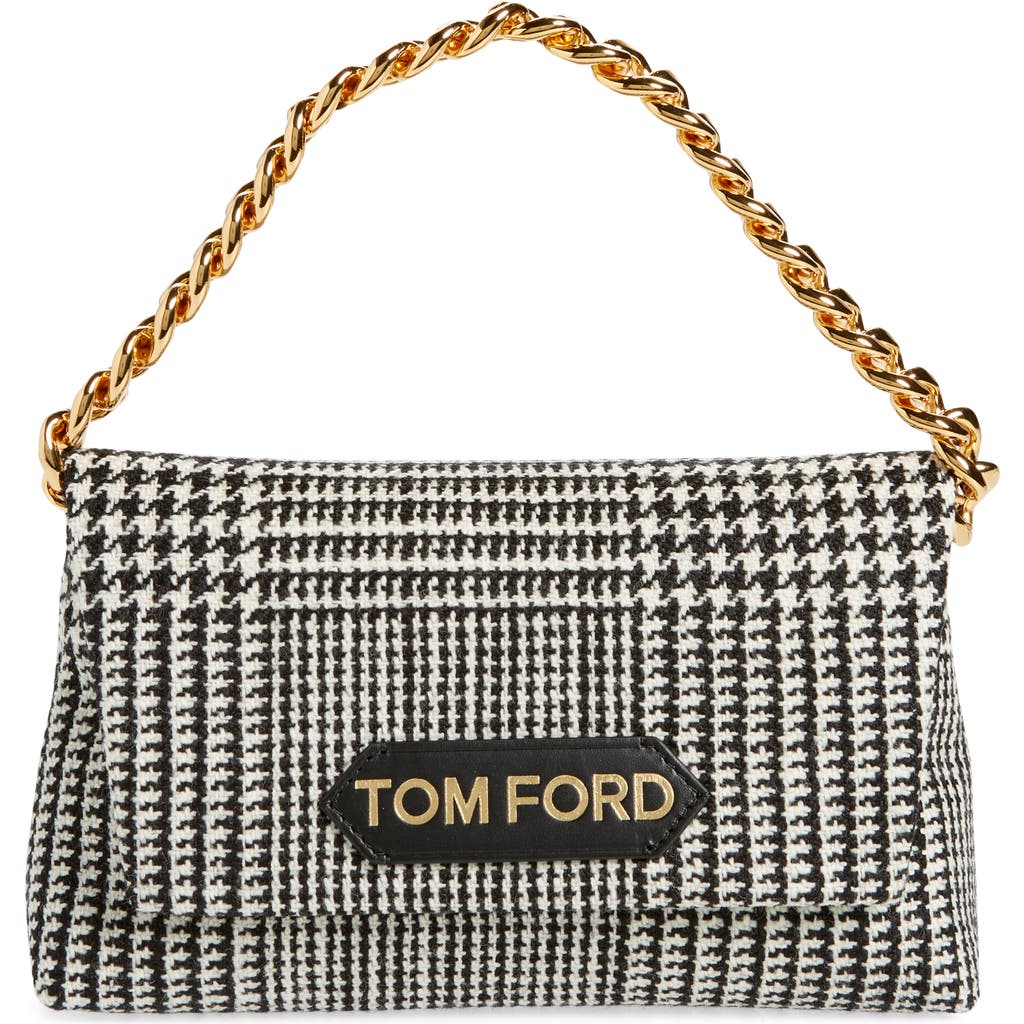 Tom Ford Mini Logo Label Plaid Wool Handheld Bag In 3nw04 Black/chalk Black