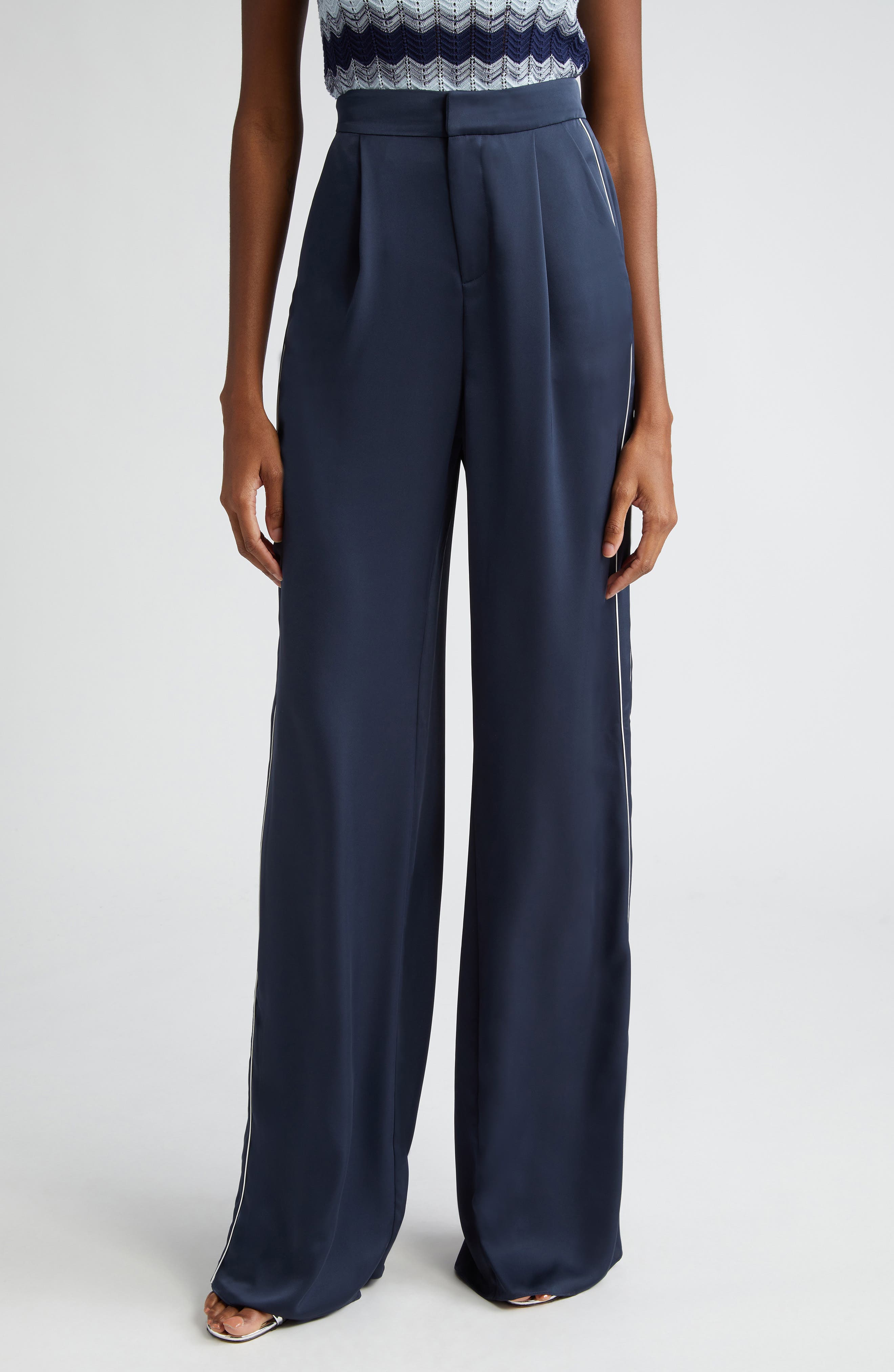 Ramy Brook Lara Side Stripe Satin Pants in Navy | Smart Closet