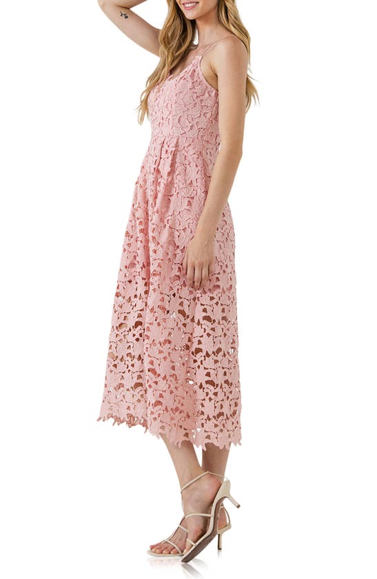 Shop Endless Rose Lace Spaghetti Strap Midi Dress In Blush