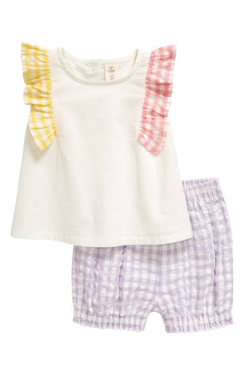 Tucker + Tate Gingham Ruffle Shoulder Top & Shorts Set in Ivory- Purple Multi Check