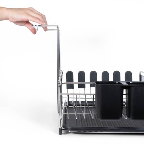 Jonathan Y Compact 17.25" Fingerprint-proof Stainless Steel Dish Drying Rack With Wine Glass Holder, In Silver/black