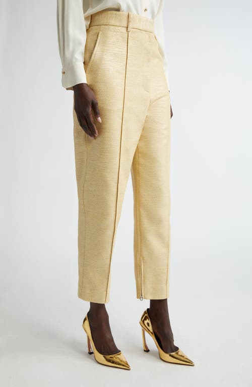 St John High-rise Slim-leg Ankle Zip-hem Metallic Twill Pants In Silver/sunflower Multi