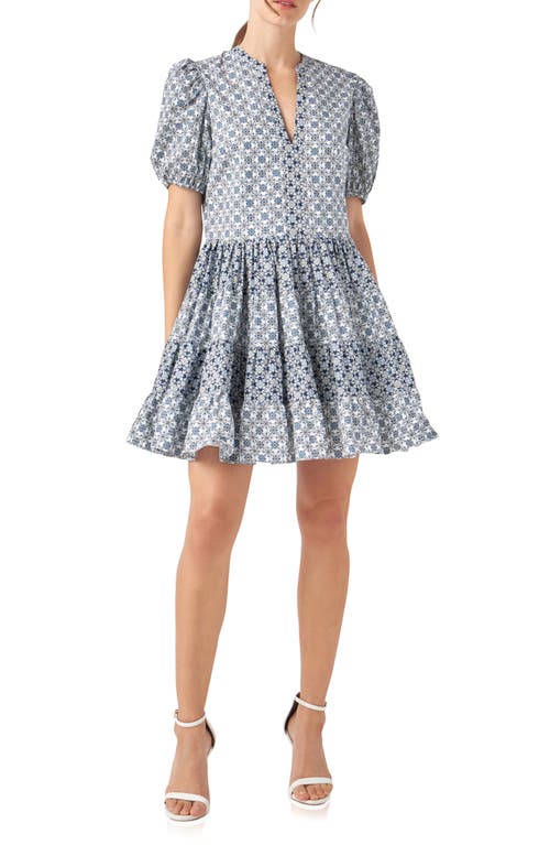 Shop English Factory Tile Print Tiered Cotton Dress In White/blue