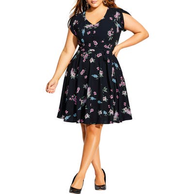 Plus Size City Chic Petite Bloom Short Sleeve Fit & Flare Dress, Blue