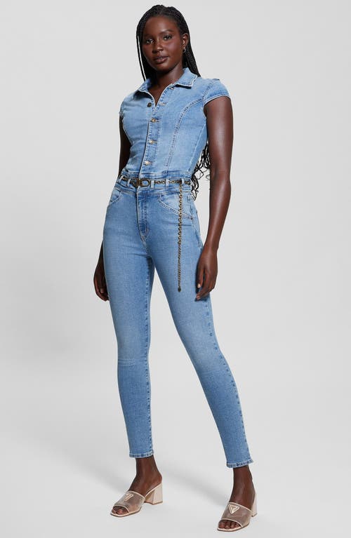 Shop Guess Nova Belted Button Front Denim Jumpsuit In Freebird