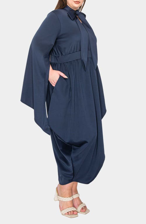 Shop L I V D Tina Cape Sleeve Tulip Hem Midi Dress In Navy