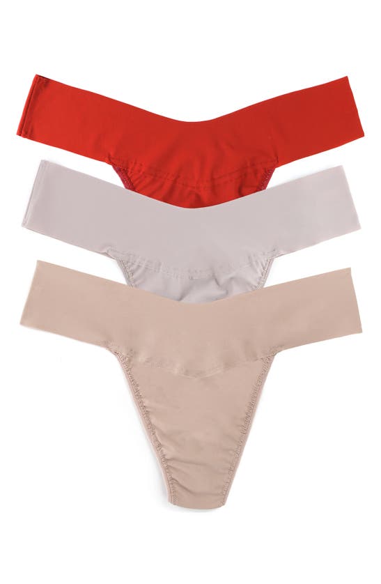 Hanky Panky Breathe Assorted 3-pack V-cut Thongs In Red /beige /tan