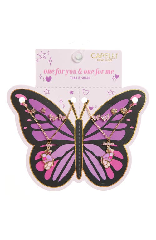 Shop Capelli New York Kids' Bff Butterfly Necklaces & Stud Earrings Set In Pink Multi