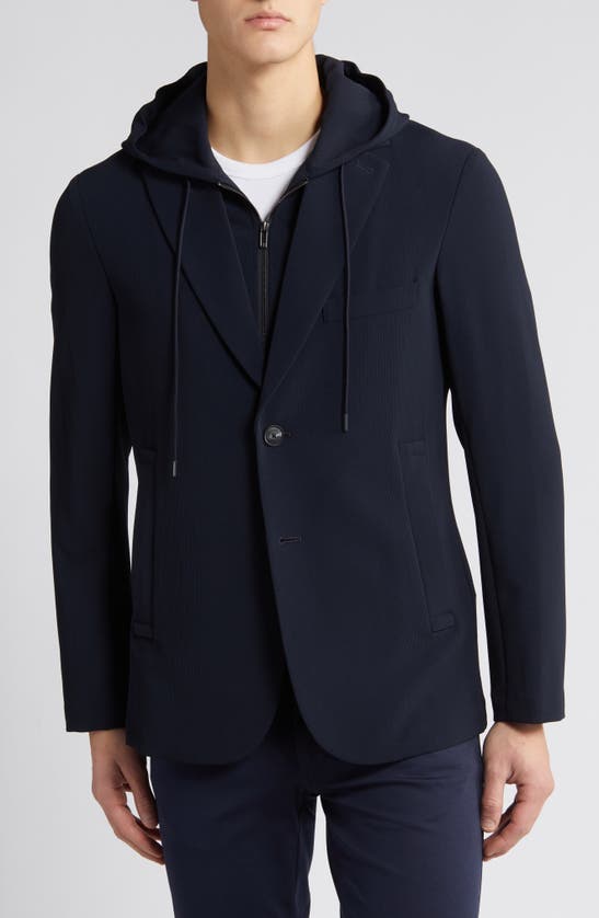 Shop Emporio Armani Techno Stretch Blazer With Removable Hooded Bib Inset In Navy
