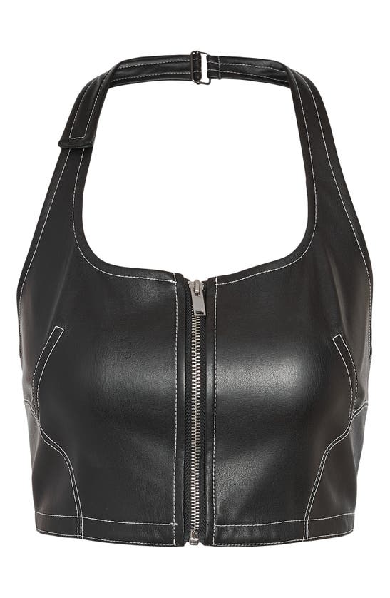 Shop Noisy May Kimberly Faux Leather Halter Top In Black Detail Contrast Stitch
