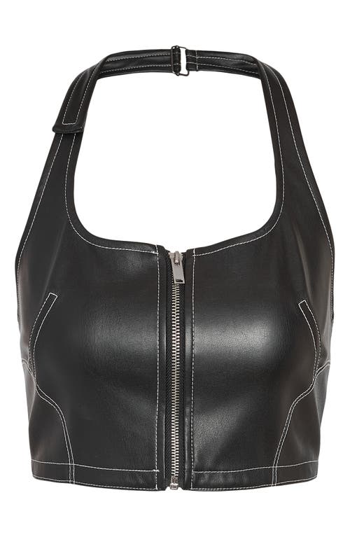 Kimberly Faux Leather Halter Top in Black Detail Contrast Stitch
