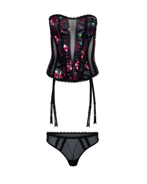 Adore Me Serene Corset & Thong Set In Floral Black