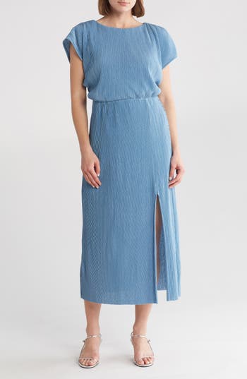 Mila Mae Short Sleeve Plissé Maxi Dress In Blue