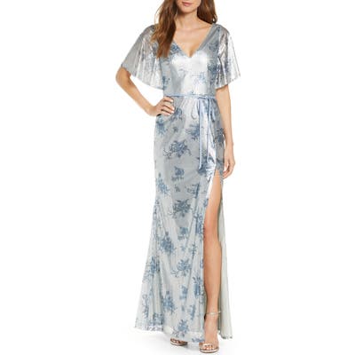 Marchesa Notte V-Neck Print Sequin Bridesmaid Gown, Blue