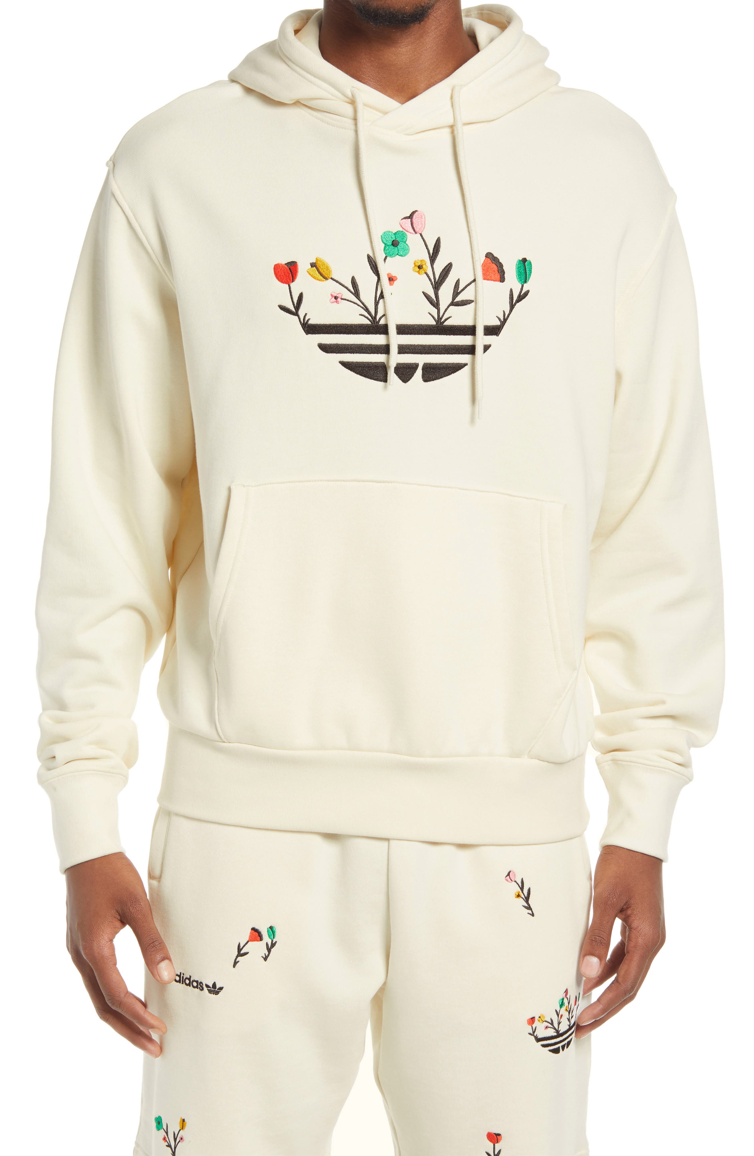 adidas originals floral trefoil hoodie in off white