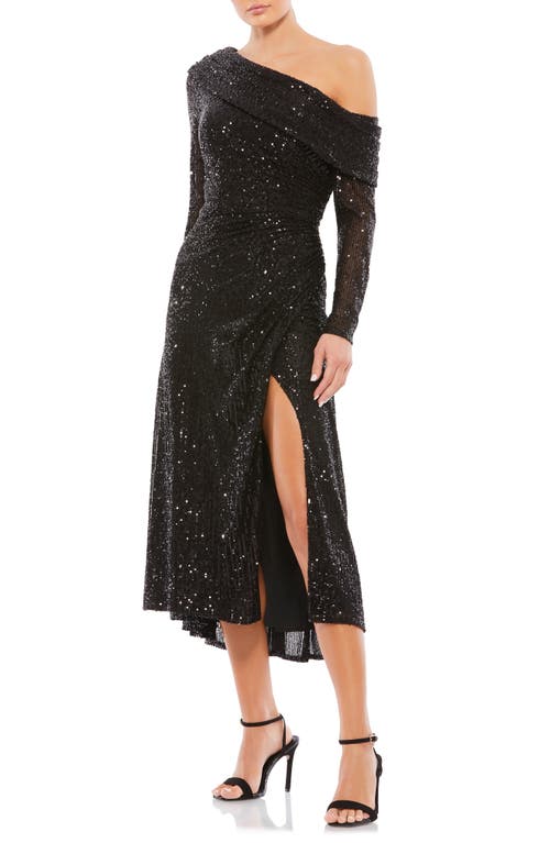 Mac Duggal Sequin One-Shoulder Long Sleeve Midi Dress Black at Nordstrom,