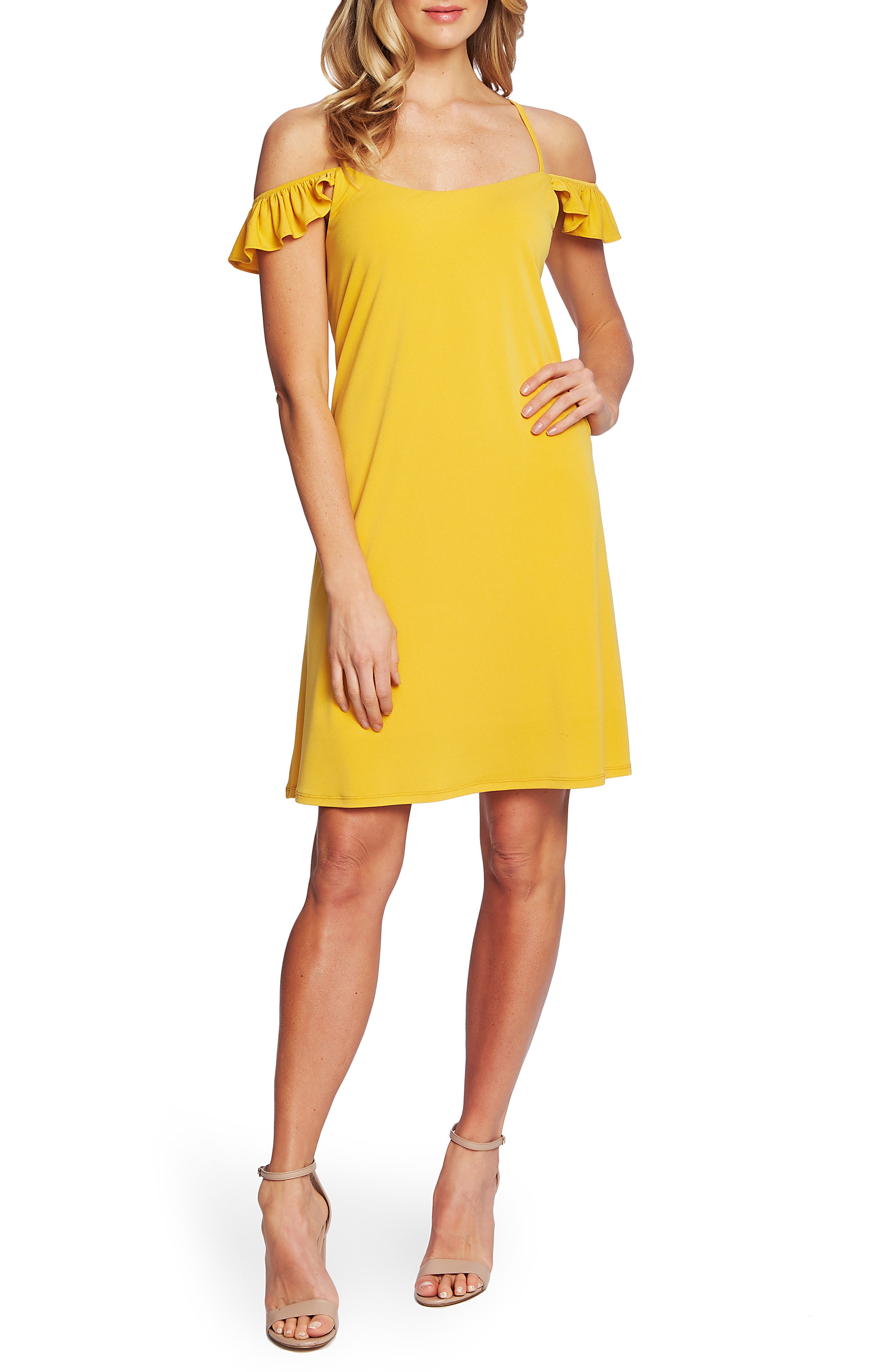 Cece Cold Shoulder Ruffle Detail Shift Dress, Yellow