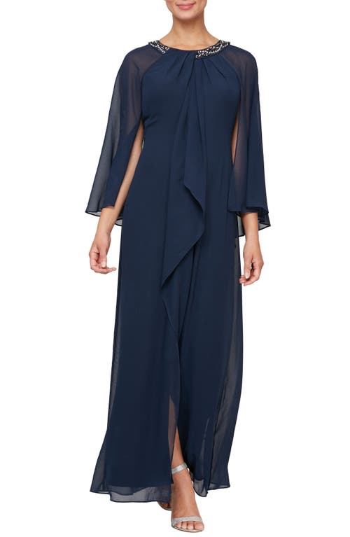 Shop Sl Fashions Illusion Cape Chiffon Gown In Navy