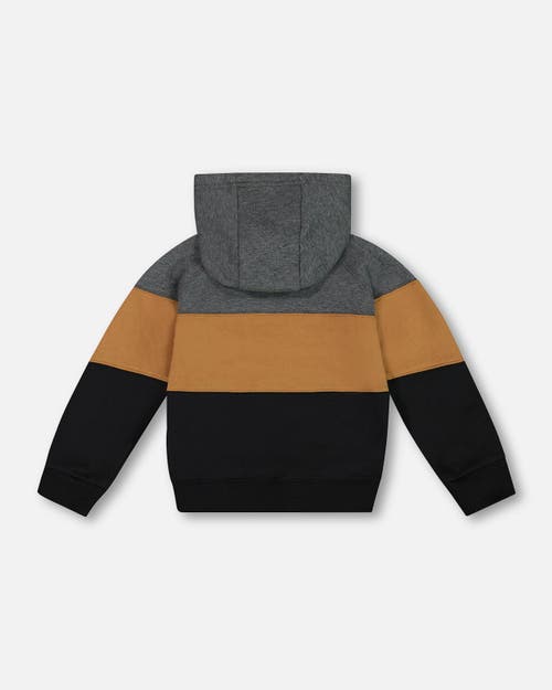 Shop Deux Par Deux Boy's Colorblock Hooded Fleece Sweatshirt Dark Gray, Caramel And Black In Anthracite