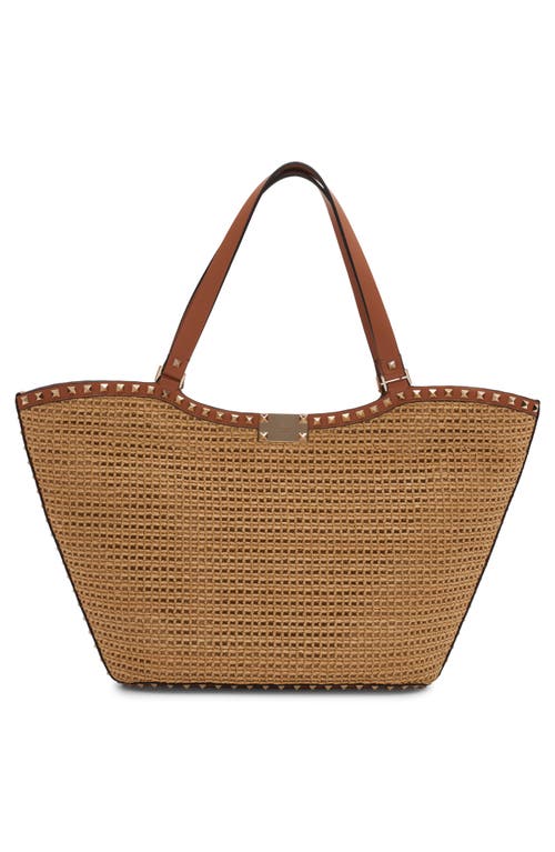 Shop Valentino Garavani Rockstud Raffia Tote In Yhn Naturale/almond Beige