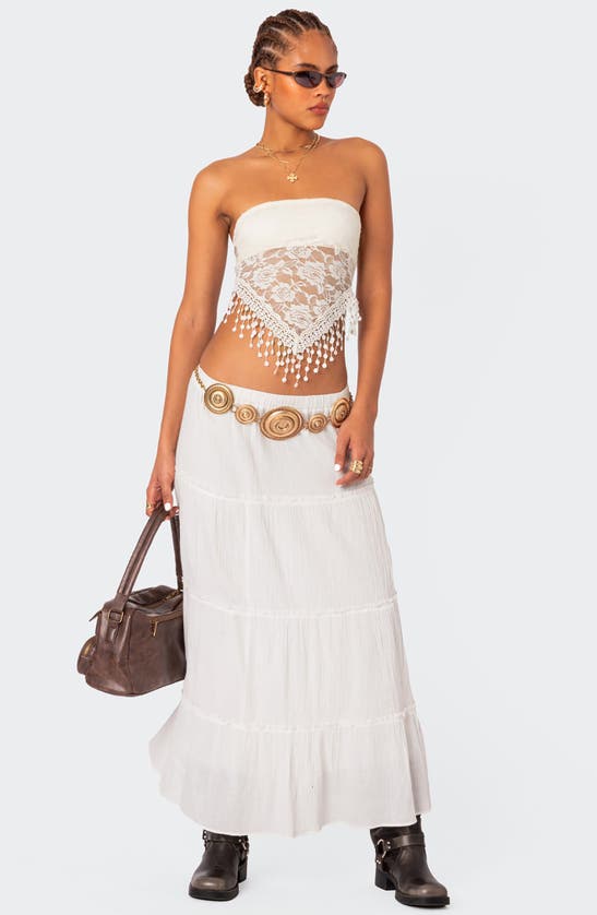 Shop Edikted India Fringe Hem Lace Tube Top In Cream