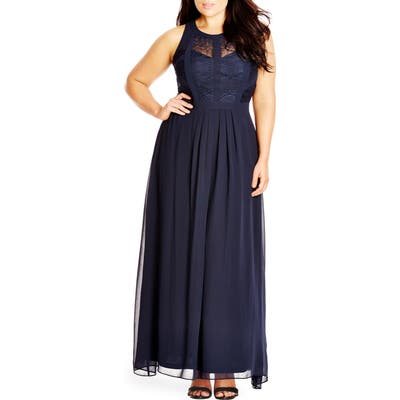 Plus Size City Chic Paneled Lace Bodice Gown, Blue