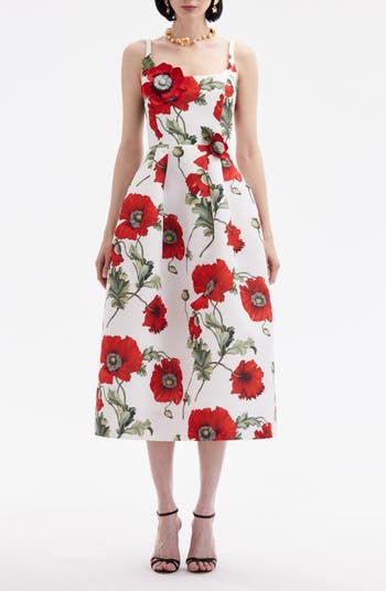 Oscar de la Renta Poppies Floral Appliqué Midi Dress | Nordstrom