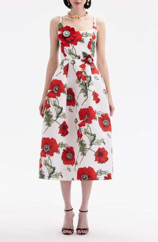 Shop Oscar De La Renta Poppies Floral Appliqué Midi Dress In White/ Red