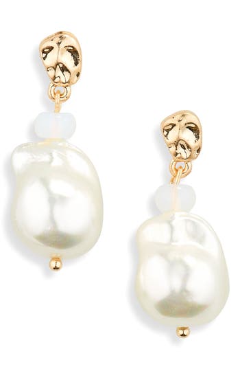 Shop Stephan & Co. Molten Stud Imitation Pearl Drop Earrings In Gold