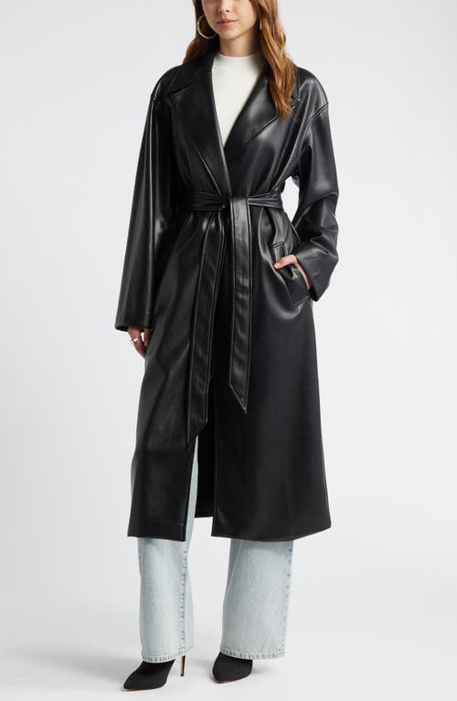 Open Edit Faux Leather Trench Coat In Black