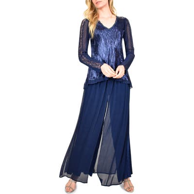 Komarov Two-Piece Charmeuse And Chiffon Long Sleeve Top & Pants Set, Blue
