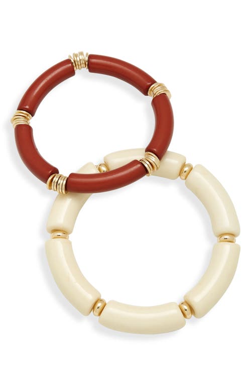 Set of 2 Resin Tube Stretch Bracelets in Rust- Beige- Gold