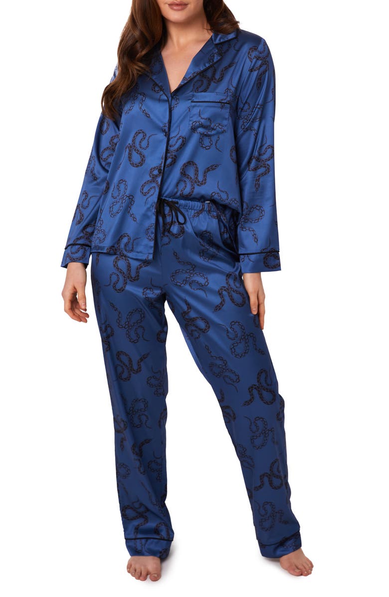 WOLF & WHISTLE Snake Print Long Sleeve Satin Pajamas, Main, color, BLUE