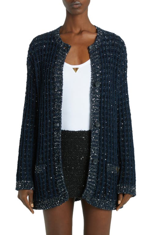 Valentino Garavani Sequin Metallic Tweed Cardigan in Nero/Navy at Nordstrom, Size Medium