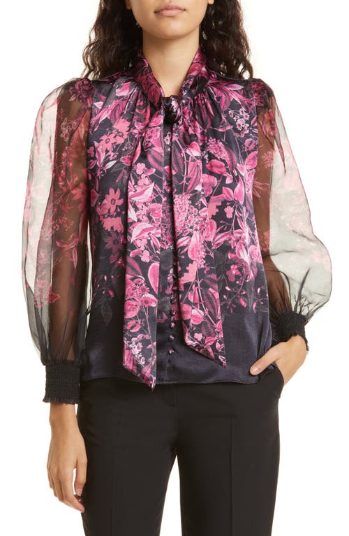 Alice + Olivia Bettina Floral Print Blouson Sleeve Silk Blend Shirt in Edens Garden Wild Pink