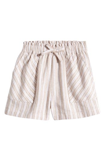 Shop Nordstrom Kids' Favorite Paperbag Waist Linen Blend Shorts In Beige Humus Garden Stripe