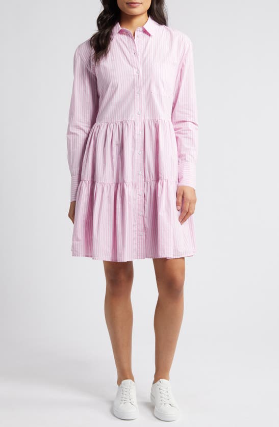 Shop Caslon Stripe Tiered Long Sleeve Shirtdress In Pink Crayon Cory Stp