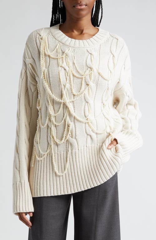 MONSE Imitation Pearl Detail Cable Merino Wool Sweater in Ivory at Nordstrom, Size Medium